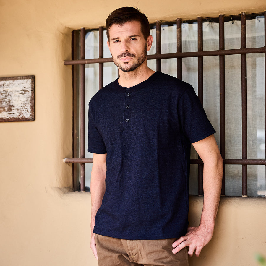 No. 7 Indigo Henley Neck T-shirt