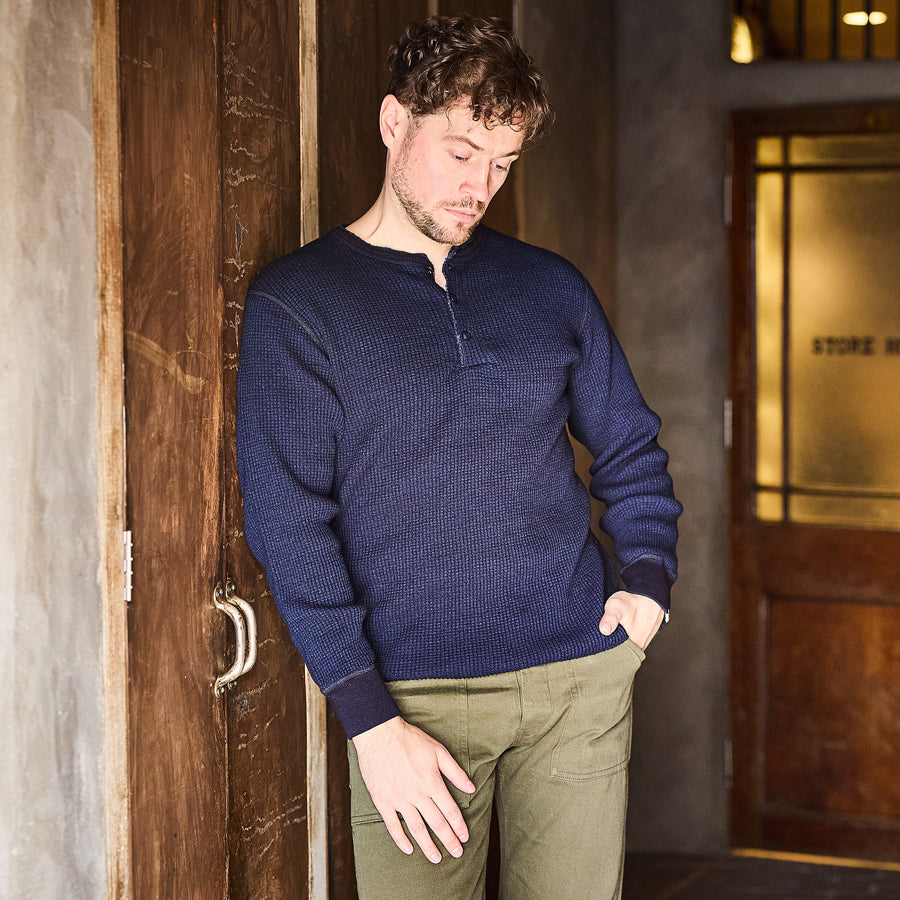 ビッグワッフル ヘンリーネックTシャツ インディゴ