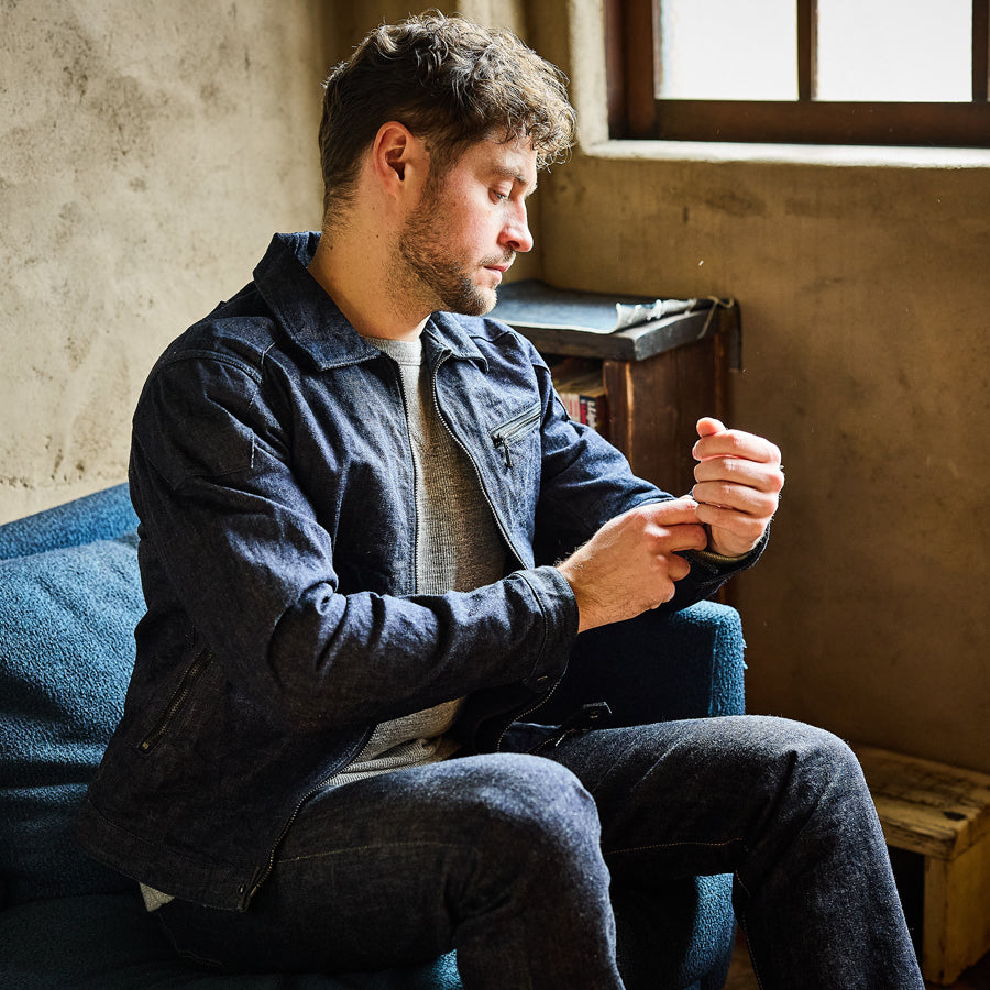 襟付きシングルライダースジャケット