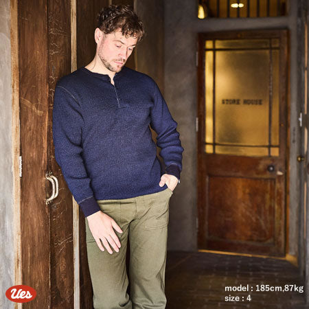 BIG WAFFLE Henley Neck T-shirt Indigo